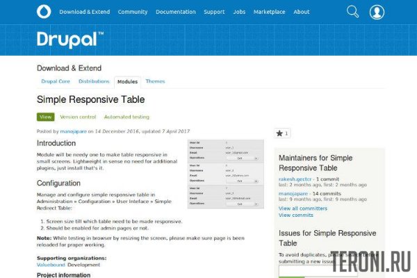 Модуль Drupal 8 - Simple Responsive Table